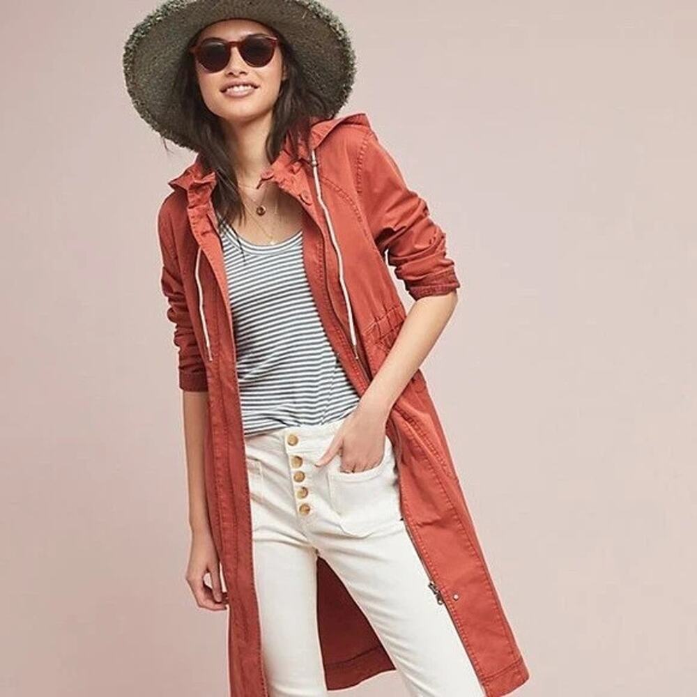 Anthropologie Longline Anorak Parka Cargo Jacket Coat Rust Orange Hooded XS